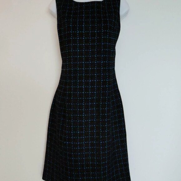NWT OSCAR DE LA RENTA Black Blue Wool Cotton Tweed Sleeveless Pencil Dress 6 - Picture 1 of 7